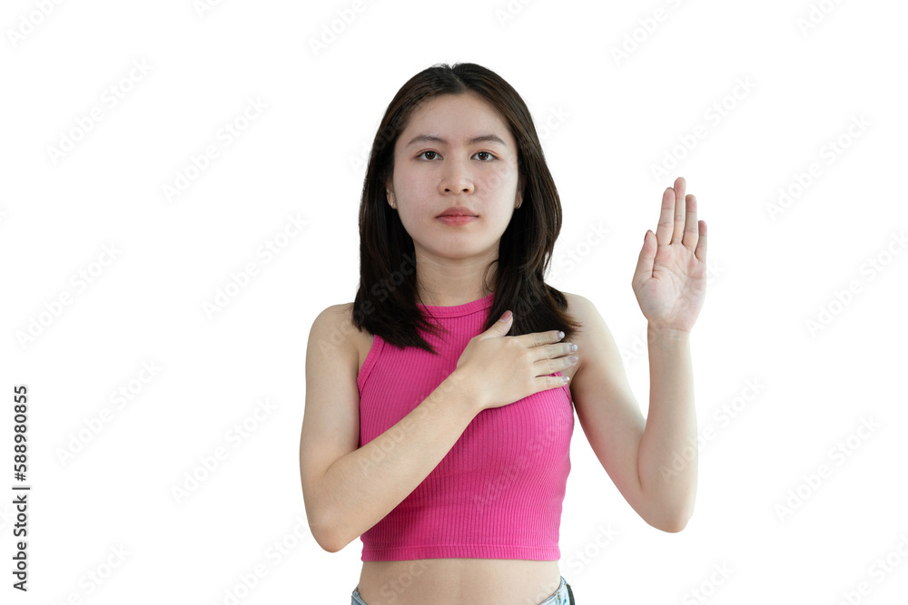Young woman making hand sign to stop behavior or gesture that suggests