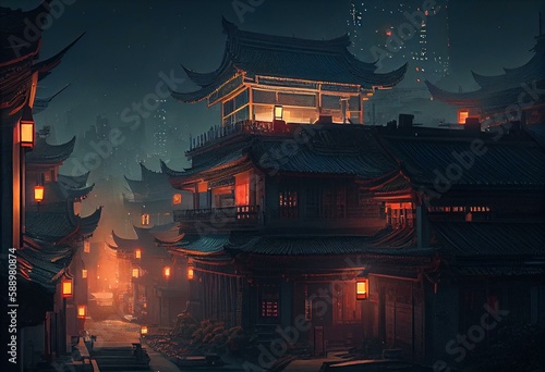 Chinese City at night Illustration. Genarated AI. Generative AI