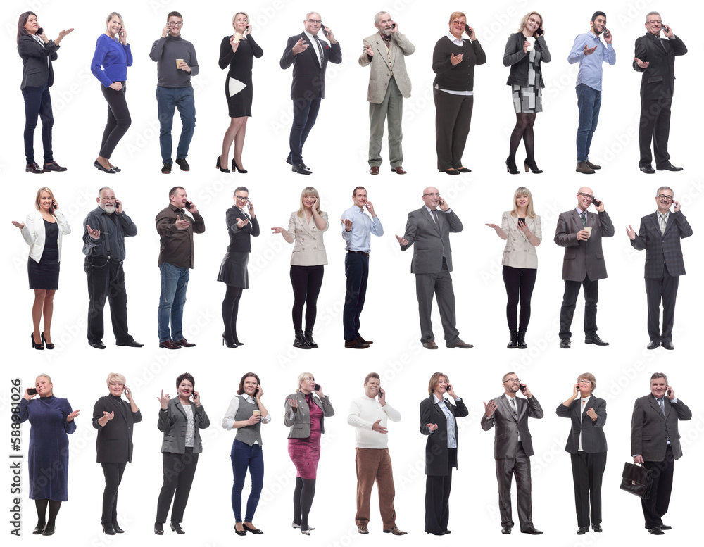 group of people holding phone in hand isolated