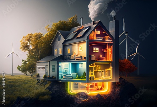 Energy efficiency and houses concept. 3d illustration. Generative AI