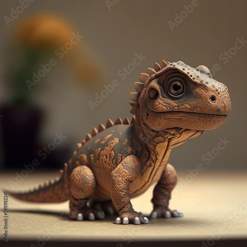 Generative AI of a baby dinosaur on a wooden table.