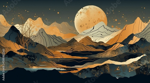 Chic and glamorous golden Moon and Mountain artwork for interior design and wall wart