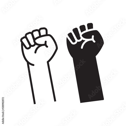 Human hands clenched into fists symbolizing unity of strength or solidarity designed with outline, filled with white and black colors on white background. Freedom or independence symbol concept