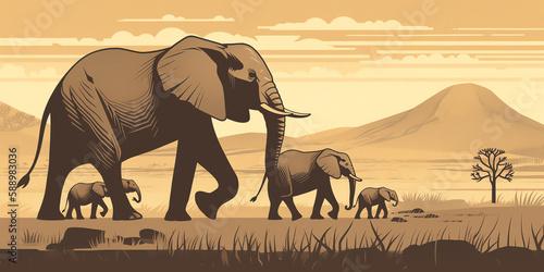 A family of elephants walk through a savannah landscape. mother leads with her trunk, while her baby follows closely behind. background has tall grass and trees. Generative AI.