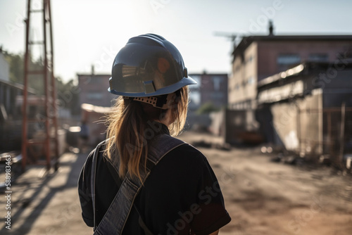 Portrait of female engineer in safety vest with helmet on a construction site. Gnereative ai. © erika8213