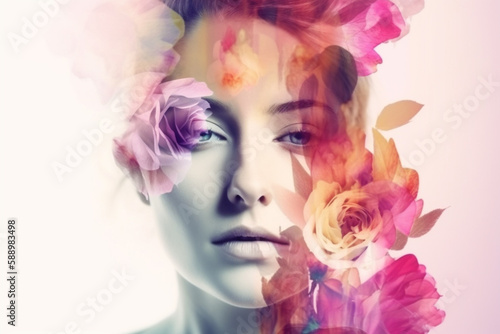 Abstract contemporary art collage portrait of young woman with flowers, retro colors. Generative ai
