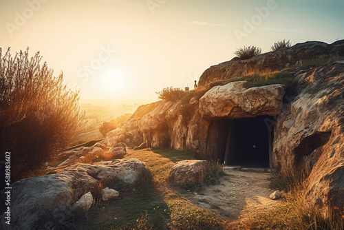 Empty tomb of Jesus. Easter or Resurrection concept. Generative AI. © erika8213