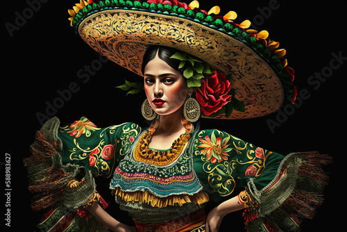 Fabulous Cinco de Mayo female dancer. Beautiful female model in traditional costume and sombrero dancing.Generative AI