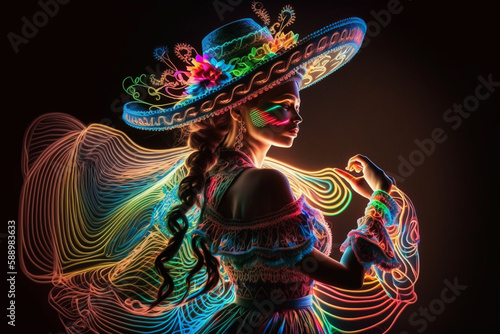 Fabulous Cinco de Mayo female dancer in neon light. Beautiful female model in traditional costume and sombrero dancing.Generative AI