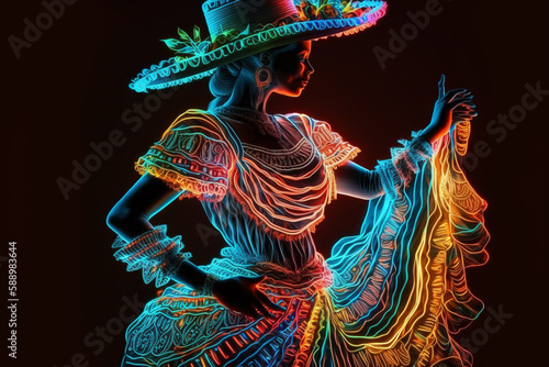 Fabulous Cinco de Mayo female dancer in neon light. Beautiful female model in traditional costume and sombrero dancing.Generative AI