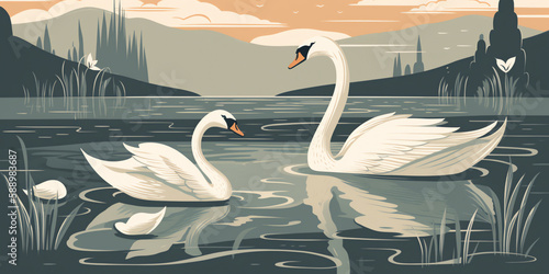 Fototapeta Naklejka Na Ścianę i Meble -  A pair of swans swim in a pond, with male in front and female behind with their cygnets in a line. Lily pads and water are in background. Generative AI.