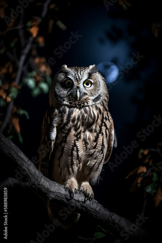 eagle owl in tree branch at night