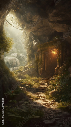 ethereal fantasy mountain landscape with cave entrance
