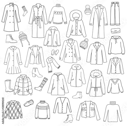 Set of winter and autumn clothes and shoes. Doodle coat, jumper, hat and down jacket. Outline illustrations