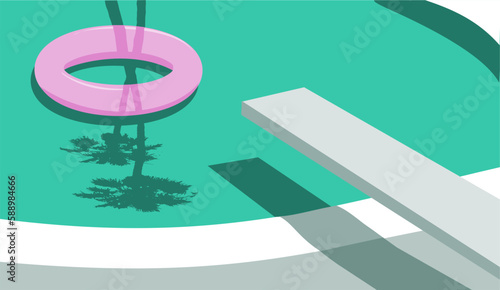 Retro pool with diving board and palm trees shadows on inflatable