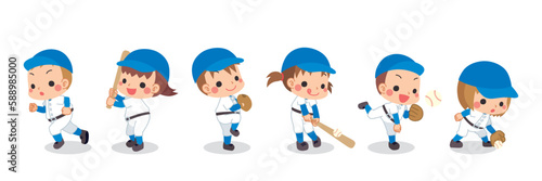 野球をする可愛い子供たちのイラスト　セット　バリエーション　白背景　ベクター　全身　人物