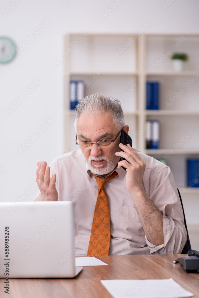 Old male employee speaking by phone at workplace