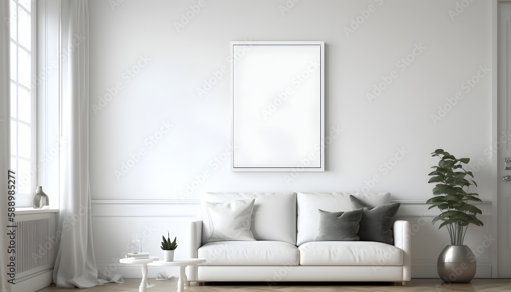 Modern living room with counter, with empty canvas or wall decor with frame in center for product presentation background or wall decor promotion, Generative AI Modern living room with counter, with empty canvas or wall decor with frame in center for product presentation background or wall decor promotion, Generative AI