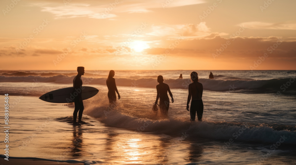 Silhouette of surfer people carrying their surfboard. Generative AI