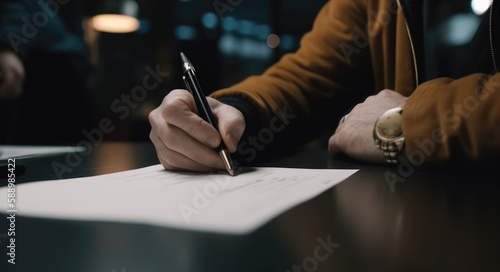 Businessman in the office signs a contract. Generative AI