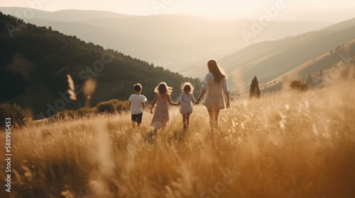 Happy family on summer walk.Generative AI © Konstantin Yuganov