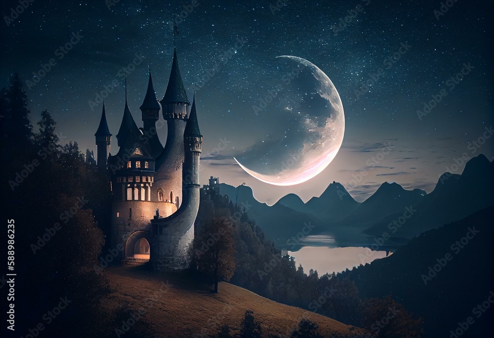 Magic castle against backdrop of a large crescent moon in night sky. Fairytale dreamlike castle, magical and mystical medieval kingdom. Post-processed generative AI - obrazy, fototapety, plakaty 