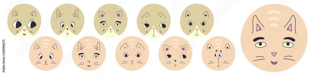 Funny cat face, abstract personage, mascot design, funny face, cute icon.