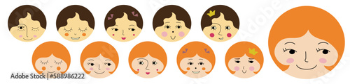 Feminine look, abstract personage, mascot design, funny face, cute icon.