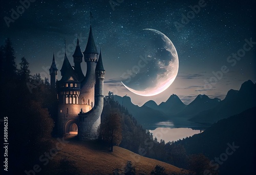 Leinwand Poster Magic castle against backdrop of a large crescent moon in night sky