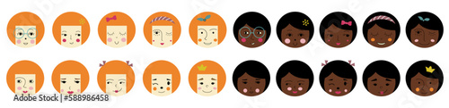 Feminine look, abstract personage, mascot design, funny face, cute icon.