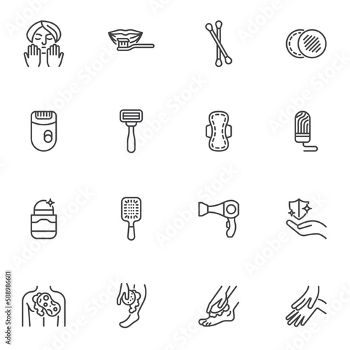 Personal hygiene products line icons set