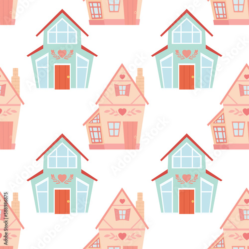 Vector seamless pattern with a cute country houses on white background. Texture with dollhouse with cute decorations front view
