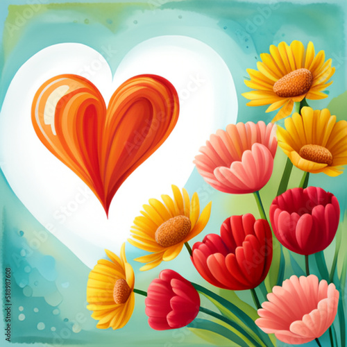 Flower bouquet illustration with a big heart in the background to be used for mother's day decor © alma