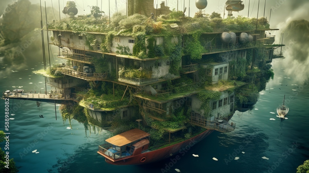 Green Living on the Go: Sailing Through a Floating Eco-Village with Innovative Eco-Friendly Solutions for a Stunning Nature Experience, Generative AI