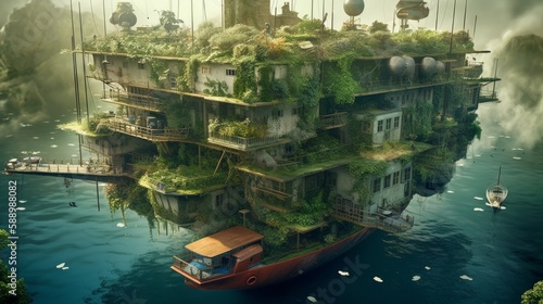 Green Living on the Go  Sailing Through a Floating Eco-Village with Innovative Eco-Friendly Solutions for a Stunning Nature Experience  Generative AI