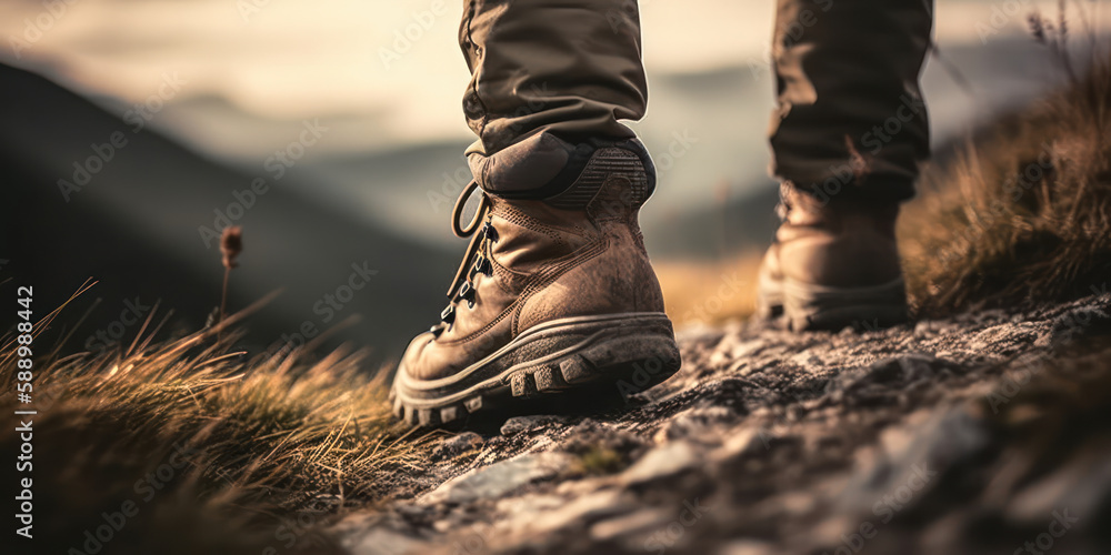 Journey to the Summit. Close-up shot of worn leather hiking boots trekking up a rocky mountain trail, showcasing the rugged terrain and the perseverance and determination of the hiker. Generative AI Journey to the Summit. Close-up shot of worn leather hiking boots trekking up a rocky mountain trail, showcasing the rugged terrain and the perseverance and determination of the hiker. Generative AI