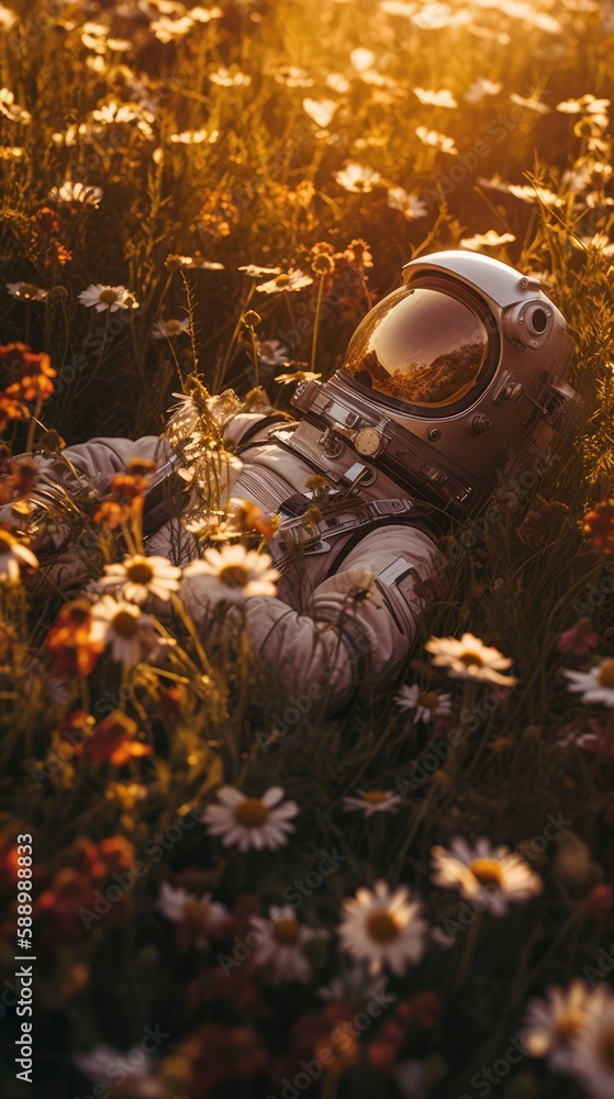 Fototapeta premium Astronaut sleeping in a flower field, made with generated ai