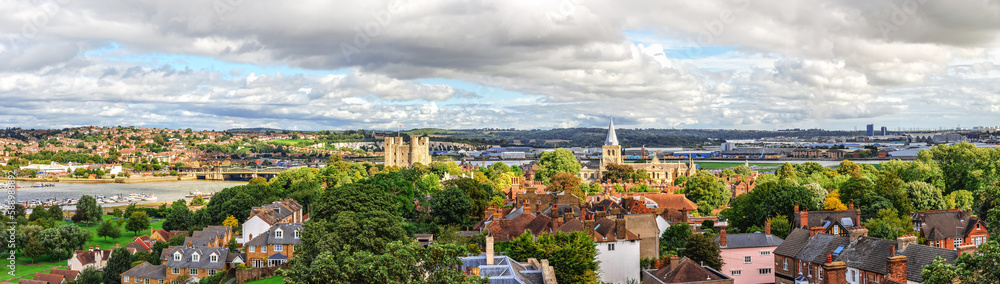 Aerial panoramic view of city of Rochester in Kent, England