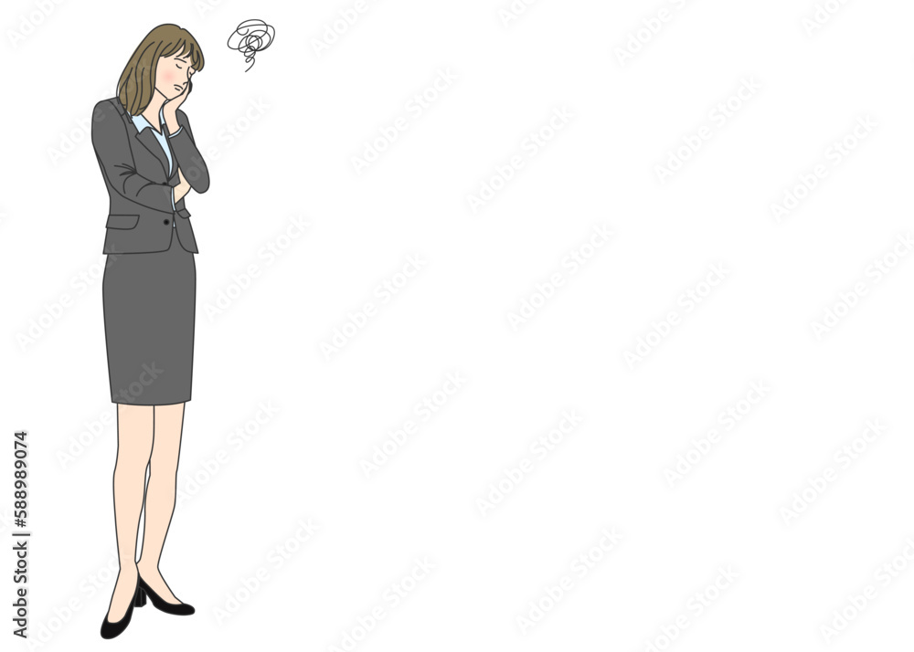もやもやマーク 頬杖をついて考えるスーツ姿のビジネスウーマン女性のイラスト 全身正面 もやもやマーク 頬杖をついて考えるスーツ姿のビジネスウーマン女性のイラスト 全身正面