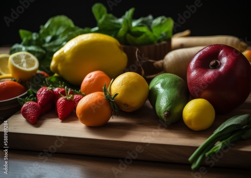 Still life with fruits and vegetables on a wooden cutting board. Generative AI.