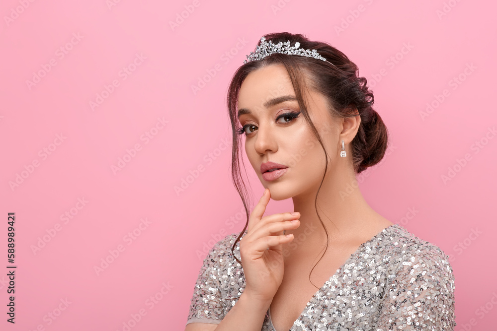 Beautiful young woman wearing luxurious tiara on pink background, space for  text Stock Photo | Adobe Stock