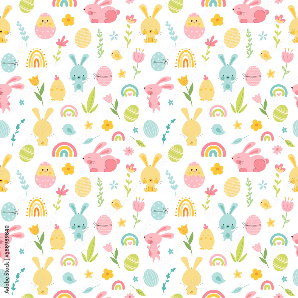 Cute seamless pattern with easter bunny and eggs