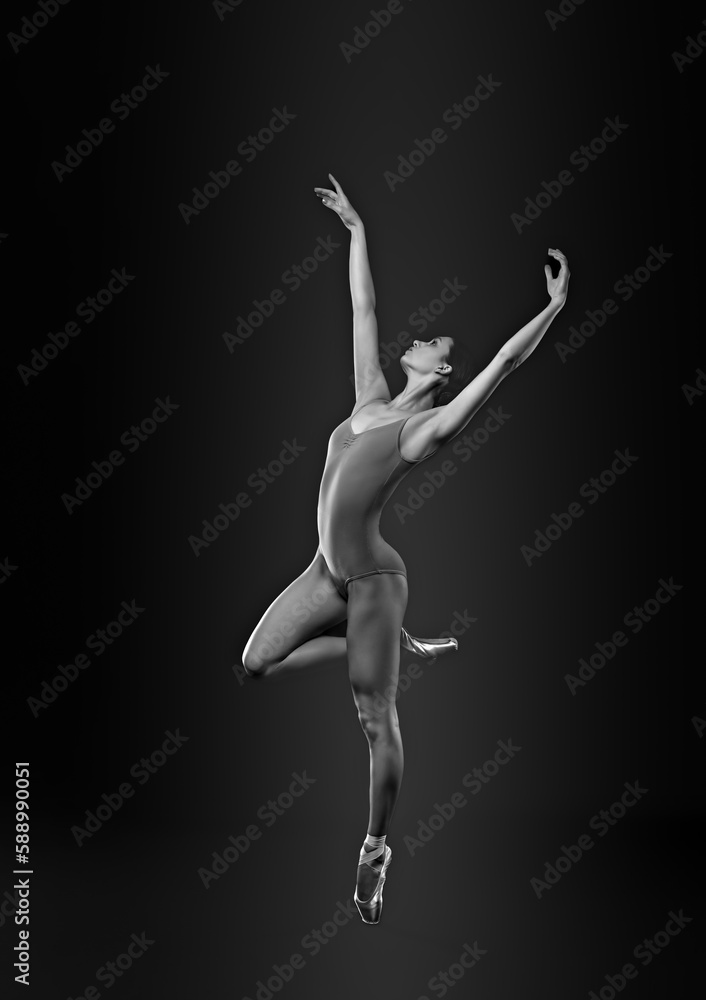 Young ballerina in pointe shoes dancing. Black and white effect