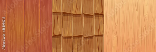 Set wooden material, textured surface wood comic background in cartoon style. Wall, panel for game, ui design