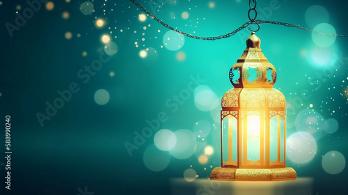 Ramadan background Vector illustration. Beautiful golden Arabic lantern on aqua bokeh background