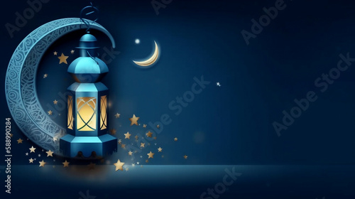 Ramadan Kareem background banner. Islamic Greeting Cards for Muslim Holidays and Ramadan. Blue banner with moon and lantern