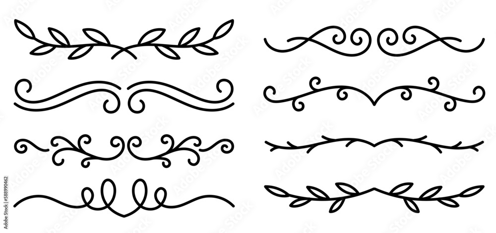 Kit of vignettes text delimiters. Ornaments calligraphic design elements. Editable outline stroke. Vector line.