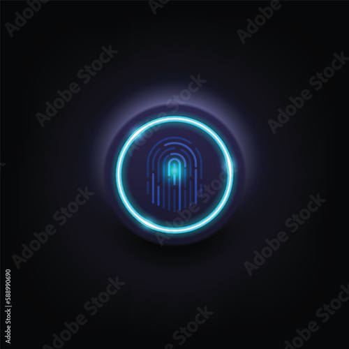 Neon glowing fingerprint button. Technology blue button light neon abstract background. Vector Vibrant Neon Circle with Glow. Modern Round Frame with Empty Space for Text. technology circle blue  butt