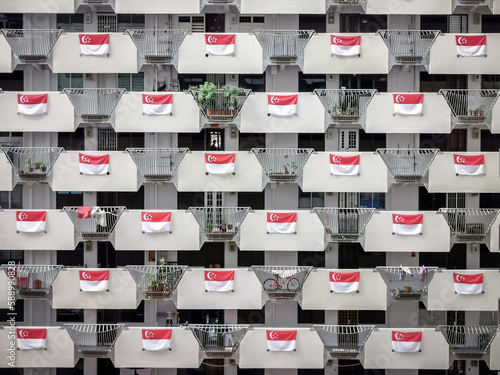 Singapore 2019 an apartment corridor with full flags  for National Day of Singapore celebration