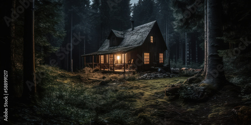 Fotografia Forest cabin in the dark forest at night. Generative AI